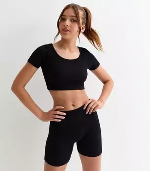 Черная укороченная футболка с круглым вырезом для девочек New Look, черный