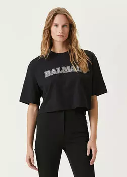 Черная укороченная футболка с круглым вырезом и каменным логотипом Balmain