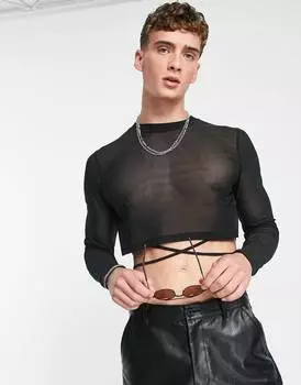 Черная укороченная футболка скинни с длинными рукавами и завязками ASOS DESIGN