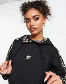 Черная укороченная худи с леопардовым принтом adidas Originals