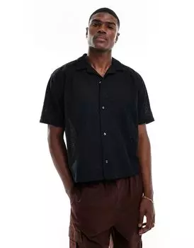 Черная укороченная кружевная рубашка оверсайз с короткими рукавами Abercrombie & Fitch