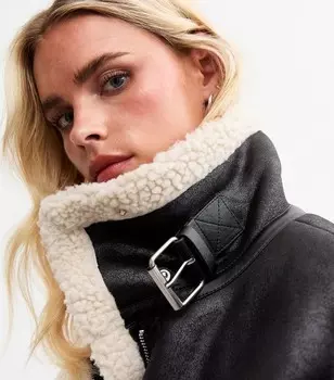 Черная укороченная куртка-авиатор из искусственной овчины Petite New Look, черный