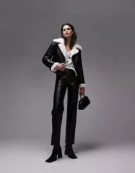 Черная укороченная куртка-авиатор из искусственной овчины на подкладке из лохматого меха Topshop