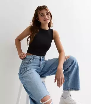 Черная укороченная майка в рубчик для девочек New Look, черный