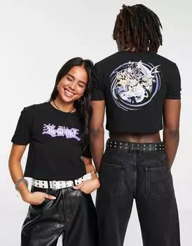 Черная укороченная облегающая футболка унисекс с принтом Yu Gi Oh ASOS DESIGN