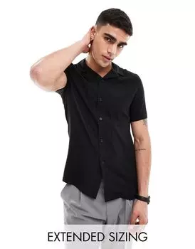 Черная узкая эластичная рубашка узкого кроя с закатанными рукавами ASOS DESIGN