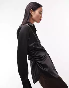 Черная узкая атласная рубашка со сборками по бокам Topshop