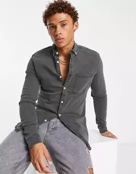 Черная узкая джинсовая рубашка стрейч ASOS
