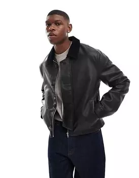 Черная вельветовая куртка из искусственной кожи с вельветовым воротником ASOS DESIGN Harrington