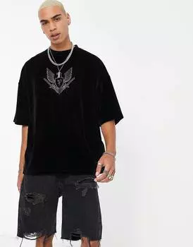 Черная велюровая футболка оверсайз с заклепками ASOS DESIGN