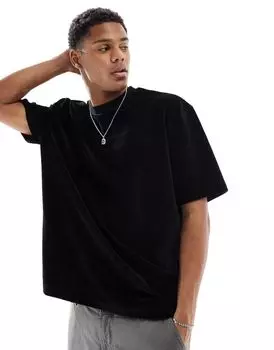Черная велюровая футболка оверсайз в рубчик ASOS DESIGN — часть комплекта