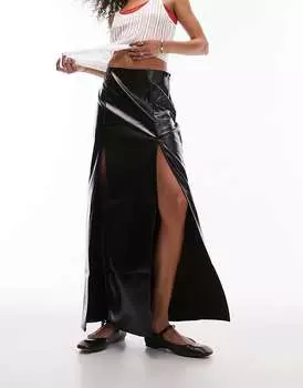 Черная виниловая юбка миди с двойным разрезом Topshop