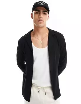 Черная вискозная рубашка с глубоким воротником ASOS DESIGN
