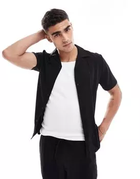 Черная вискозная рубашка с короткими рукавами и глубокими рукавами ASOS DESIGN