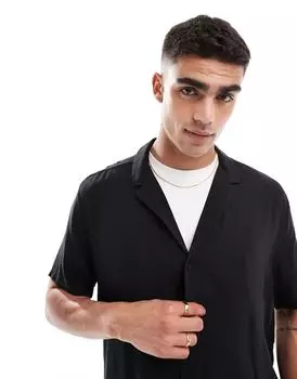 Черная вискозная рубашка свободного кроя с низким воротником ASOS DESIGN