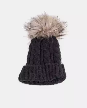 Черная вязаная шапка с помпоном из натурального меха IN.ES, черный