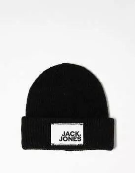 Черная вязаная шапка с ярким логотипом Jack & Jones