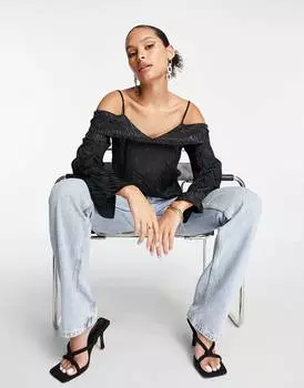 Черная жаккардовая блуза с открытыми плечами ASOS DESIGN