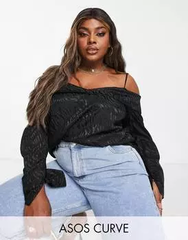 Черная жаккардовая блуза с открытыми плечами ASOS DESIGN Curve с открытыми плечами