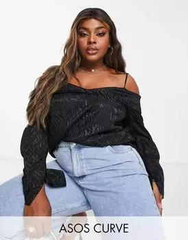 Черная жаккардовая блузка с открытыми плечами ASOS DESIGN Curve с тигровым принтом