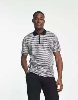 Черная жаккардовая футболка-поло с молнией до половины длины Jack & Jones Premium