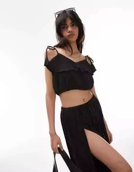 Черная жатая пляжная майка Topshop с кисточками