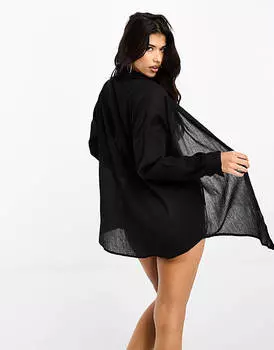 Черная жатая пляжная рубашка ASOS DESIGN