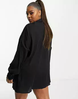 Черная жатая пляжная рубашка ASOS DESIGN Curve