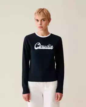 Черная женская футболка с длинным рукавом Claudie Pierlot, темно-синий
