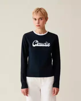 Черная женская футболка с длинным рукавом Claudie Pierlot, тёмно-синий