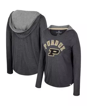 Черная женская футболка с капюшоном Purdue Boilermakers с длинными рукавами и эффектом потертости Хизер Colosseum, черный