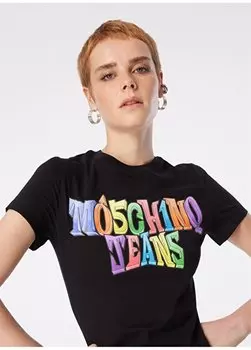 Черная женская футболка с круглым вырезом и принтом 241K1A0708 Moschino Jeans, черный