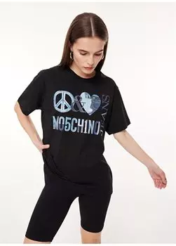 Черная женская футболка с круглым вырезом с принтом A0704 Moschino Jeans, черный