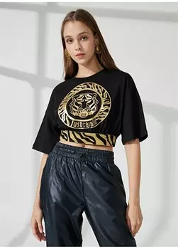 Черная женская футболка с круглым вырезом с принтом Just Cavalli