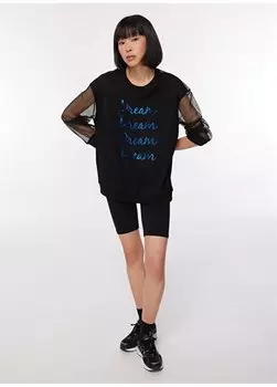 Черная женская футболка свободного кроя с круглым вырезом и длинными рукавами с принтом B3WL-TST32 Black On Black, черный