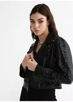 Черная женская кожаная куртка с рисунком "елочка" K-COSTI Black On Black, черный