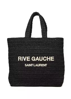 Черная женская сумка из рафии с вышитым логотипом Saint Laurent