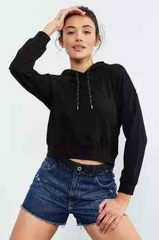 Черная женская толстовка удобной формы с капюшоном и длинными рукавами TOMMYLIFE