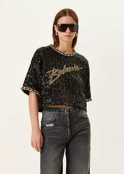 Черная золотая укороченная футболка с круглым вырезом и вышивкой Balmain