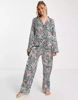Черно-белая атласная пижама с цветочным животным принтом ASOS, рубашкой и брюками
