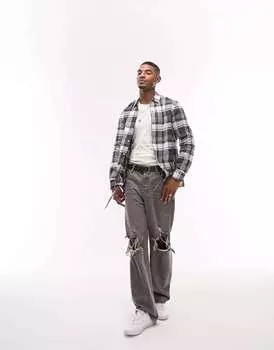 Черно-белая фланелевая рубашка в клетку Topman с длинными рукавами и кулиской по низу