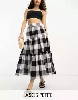Черно-белая многоярусная юбка миди в клетку ASOS DESIGN Petite