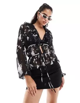 Черно-белая шифоновая блузка с оборками и цветочным принтом ASOS DESIGN