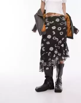 Черно-белая юбка миди из сетки с рюшами и цветочным принтом Topshop