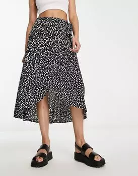Черно-белая юбка-миди с запахом и принтом в горошек Pieces