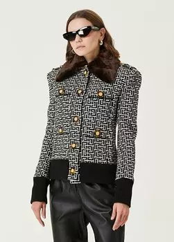 Черно-белая жаккардовая шерстяная куртка с логотипом Balmain