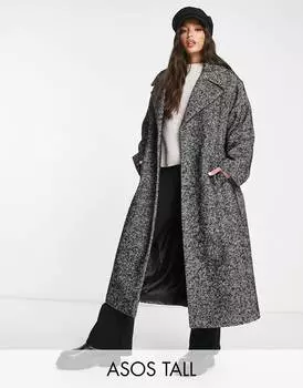Черно-белое элегантное пальто с узором \"елочка\" и поясом ASOS DESIGN Tall
