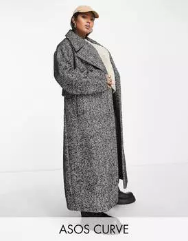 Черно-белое элегантное пальто с узором в елочку и поясом ASOS DESIGN Curve