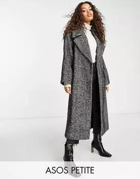 Черно-белое элегантное пальто с узором в елочку и поясом ASOS DESIGN Petite