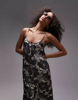 Черно-белое платье длиной до колена на пуговицах с цветочным принтом Topshop и бретелями